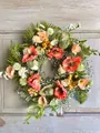 Detailed view of artificial spring wreath with poppies and berries on a wooden door - Coral Poppy Floral Style (40CM) (Picture 1-40CM)