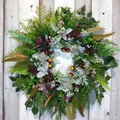 Lush artificial greenery wreath featuring ferns and berries against a rustic wooden background - Greenery Red Berry Eucalyptus Style (40CM) (Picture 2-40CM)
