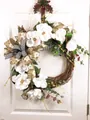 Spring summer faux magnolia wreath with striped ribbons for front door decoration - White Magnolia Style (50CM)(Picture 6-50CM)