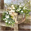 Rustic handmade white artificial flower wreath with burlap bow for spring door decoration - White Floral Burlap Bow Style (40-60CM)(Picture 81-40CM-60CM)