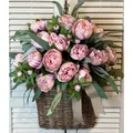 Lush artificial pink peony bouquet in a hanging wicker basket for door wall decor - Figure 8-45cm