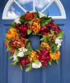 Artificial peony wreath with red and orange flowers hanging on a blue front door. - Orange Red White Peony Style (45CM)(Picture 6-45CM)
