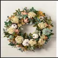Rustic floral wreath with mini pumpkins and cream hydrangeas on white wooden wall - White Hydrangea Cyan Pumpkin Style (45CM)(Picture 24-45CM)