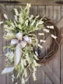 Rustic artificial spring summer wreath with white flowers and a burlap striped bow - White Floral Striped Bow Style (45CM)(Picture 58-45CM)