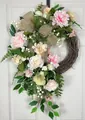 Artificial spring summer floral wreath with pink peonies and burlap bow for door decoration. - Pink White Peony Burlap Bow Style (50CM)(Picture 63-50CM)
