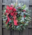 Lush winter wreath with red berries, snowy pine needles and a large festive bow - Snowy Pine Needle Red Berry Style (50CM)(Picture 74-50CM)