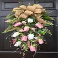 Pink and white artificial tulip door swag with large burlap bow for spring door decor - Pink White Tulip Swag Style (60CM)(Picture 73-60CM)