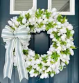 White tulip spring summer flower wreath for door decor with blue and white striped bow - White Floral Blue Striped Bow Style (45CM)(Picture 80-45CM)