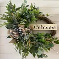Rustic farmhouse artificial greenery wreath with burlap bow and Welcome sign wooden plaque - Welcome Sign Artificial Greenery Style (50CM)(Picture 65-50CM)