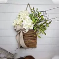 Handmade wicker wall basket with white artificial hydrangeas and greenery for door decor. - White Hydrangea Willow Basket Style (40CM)(Picture 67-40CM)