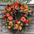 Autumn artificial flower wreath with orange roses and mini pumpkins - Autumn Rose Pumpkin Style (45CM)(Picture 70-45CM)