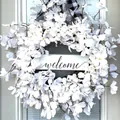 White spring summer artificial floral wreath with welcome sign for front door decor - Welcome White Wreath Checkered Bow (Picture 71)