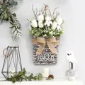 White tulip and cotton flower arrangement in a rustic woven basket with hello sign - Hello Tulip Cotton Hanging Basket (40CM)(Picture 76-40CM)