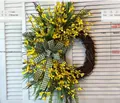 Artificial spring summer yellow flower wreath with green plaid ribbon bow for door decor - Yellow Forsythia Green Plaid Bow Style (50CM)(Picture 79-50CM)