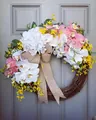 Artificial spring summer floral wreath with white orchids and burlap bow for door decor - White Hydrangea Orchid Burlap Bow Style (50CM) (Picture 86-50CM)