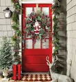 Festive Christmas wreath with Santa Claus and red plaid ribbons hanging on a front door - Santa Claus Red Black Plaid Style (45CM)(Picture 98-45CM)