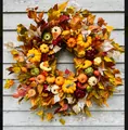 Decorative autumn harvest wreath featuring artificial mini pumpkins and colorful maple leaves - Autumn Pumpkin Maple Leaf Style (45CM) (Picture 100-45CM)