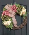 Handmade artificial hydrangea wreath with rose gold glitter ribbon for front door decor - Hydrangea Sequin Bow Style (45CM) (Picture 9-45CM)