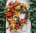 Artificial autumn floral wreath featuring orange flowers and plaid bow for home door decor - Autumn Warm Rose Berry Style (45CM) (Picture 10-45CM)