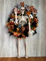 Spooky Halloween skeleton wreath featuring black pumpkins and orange ribbons for door - Halloween Skeleton Pumpkin Style (45CM) (Picture 25-45CM)