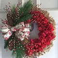 Rustic Christmas wreath with red burlap mesh, pine cones, berries and patterned ribbon - 40CM / Red Mesh Linen Christmas Wreath (40CM)(Picture 51-40CM)