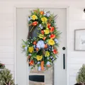 Spring artificial floral wreath with orange tulips and black white plaid bow for door - 40CM / Tulip Narcissus Hydrangea Mixed Color Wreath (40CM)(Picture 59-40CM)