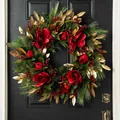 Festive artificial Christmas wreath featuring red magnolias and golden leaves on a door - 50cm / Red Magnolia Berries Pine Needle Festival Wreath (50CM)(Picture 53-50CM)