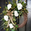 Handmade artificial white magnolia wreath with burlap bow for spring front door decor. - 50cm / White Magnolia Burlap Bow Vine Wreath (50CM)(Picture 78-50CM)