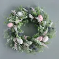 Artificial Easter wreath with pastel eggs and eucalyptus leaves on grey background - 45cm / Easter Egg Eucalyptus HAPPY EASTER Wreath (45CM)(Picture 81-45CM)