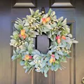Spring artificial lamb's ear wreath with pink tulips and white berries for door decoration - 50cm / Flocked Leaf Tulip Berry Spring Summer Door Wreath (50CM)(Picture 82-50CM)