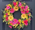 Spring/Summer artificial flower wreath featuring vibrant pink and yellow gerberas and berries - 50cm / Pink Yellow Gerbera Lily Berry Abundant Wreath (50CM)(Picture 85-50CM)