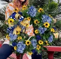 Spring summer artificial wreath featuring blue hydrangeas yellow sunflowers and bow - 45cm / Sunflower Blue Hydrangea Two-Tone Bow Wreath (45CM)(Picture 92-45CM)