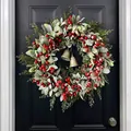 Christmas wreath with frosted lamb's ear, red berries, and bells on a black door. - 48cm / Flocked Wool Leaf Red Berry Brass Bell Christmas Wreath (48CM)(Picture 90-48CM)