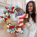 Patriotic red white and blue tulip wreath with American flag wooden cross decoration - 45cm / Red White Blue Tulip Stars and Stripes Cross Wreath (45CM)(Picture 94-45CM)