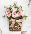 Decorative artificial pink rose door hanging basket with burlap bow and wooden hello sign - 40CM / Pink Orange Rose hello Wood Burlap Bow Basket (40CM)(Picture 96-40CM)