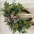 Artificial lush greenery wreath featuring a Welcome wooden sign and burlap bow decoration - 80cm / Fern Eucalyptus Black White Plaid Welcome Wood Sign Wreath (80CM)(Picture 101-80CM)