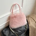 Elegant pink faux fur handbag for women featuring a stylish pearl and gold chain strap - Short Fur Style (ML-86105) / Pink