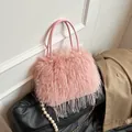 Pink fluffy faux fur handbag with elegant pearl chain and golden metal strap - Long Fur Style (ML-86105) / Pink