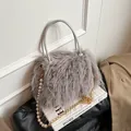 Grey fluffy faux fur handbag with pearl chain strap for autumn and winter fashion. - Long Fur Style (ML-86105) / Gray