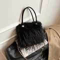 Elegant black faux fur handbag featuring gold chain and delicate pearl strap - Long Fur Style (ML-86105) / Black