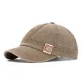 Brown washed canvas baseball cap with short brim and minimalist side patch detail - Adjustable / Khaki