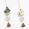 Antique bronze metal wind chime with miniature resin house and cat heart plaque - Owl Birdhouse Style (L0223)