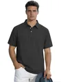 Detail of breathable dark grey linen polo shirt for men with textured fabric and buttons - S / Tops / Black