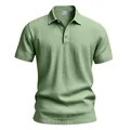 Detailed view of men's sage green linen polo shirt with breathable texture. - Light Green
