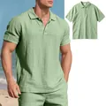 Light green men's loose breathable linen short sleeve polo shirt for casual summer wear - Light Green