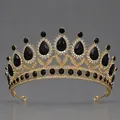 Elegant gothic gold tiara with large black teardrop stones and sparkling rhinestones - Dark Luxury Catwalk Crown (TS-J2854GBLK)