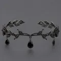 Gothic dark style black alloy tiara with leaf patterns and teardrop rhinestones - Dark Elf Luxury Forehead Pendant (TS-J2957BLK)