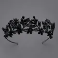 Elegant gothic black alloy tiara with floral crystal details for Halloween parties - Dark Leaves Versatile Crown (TS-J3370BLK)