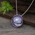 Close-up of elegant purple enamel rose pendant necklace with central white pearl inlay - Violet Gradient Rose Artificial Pearl Pendant - Gold
