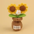 Handmade crochet sunflower potted plant with two yellow flowers and a white daisy - Yellow-2 Heads Small Sun + Forget-Me-Not (Brown Small Vase)